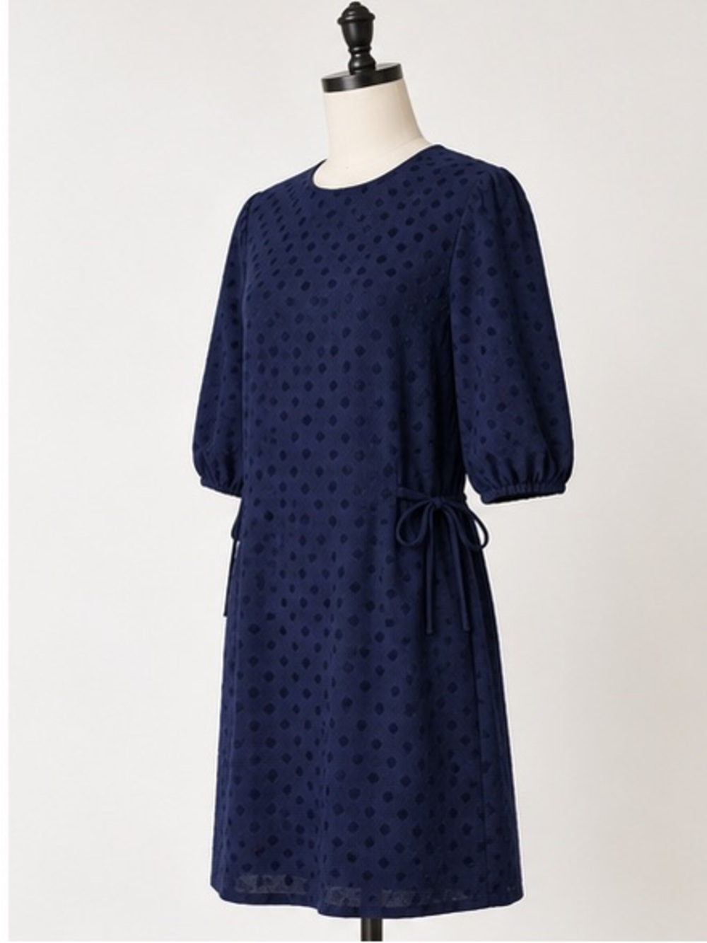 Sandro Lori navy dot dress crew neck half sleeves ties at waist Size 3 / L - Picture 5 of 11